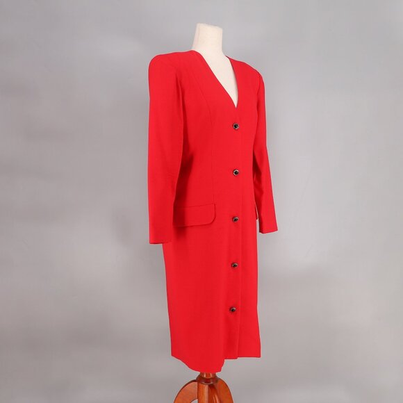 VINTAGE CHRISTIAN DIOR "Robes du Soir" Button Front Tailored Dress Bright Red - Picture 2 of 8